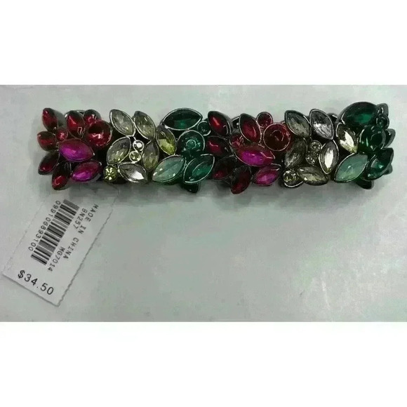 J.Crew Crystal Leaf Cluster Multicolor Stone Stretch Bracelet Gunmetal Elegant - Picture 2 of 5